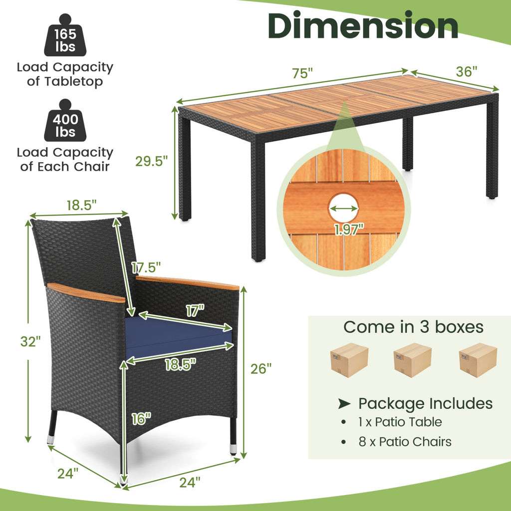 9 Pieces Outdoor Dining Set with Acacia Wood Tabletop for Garden