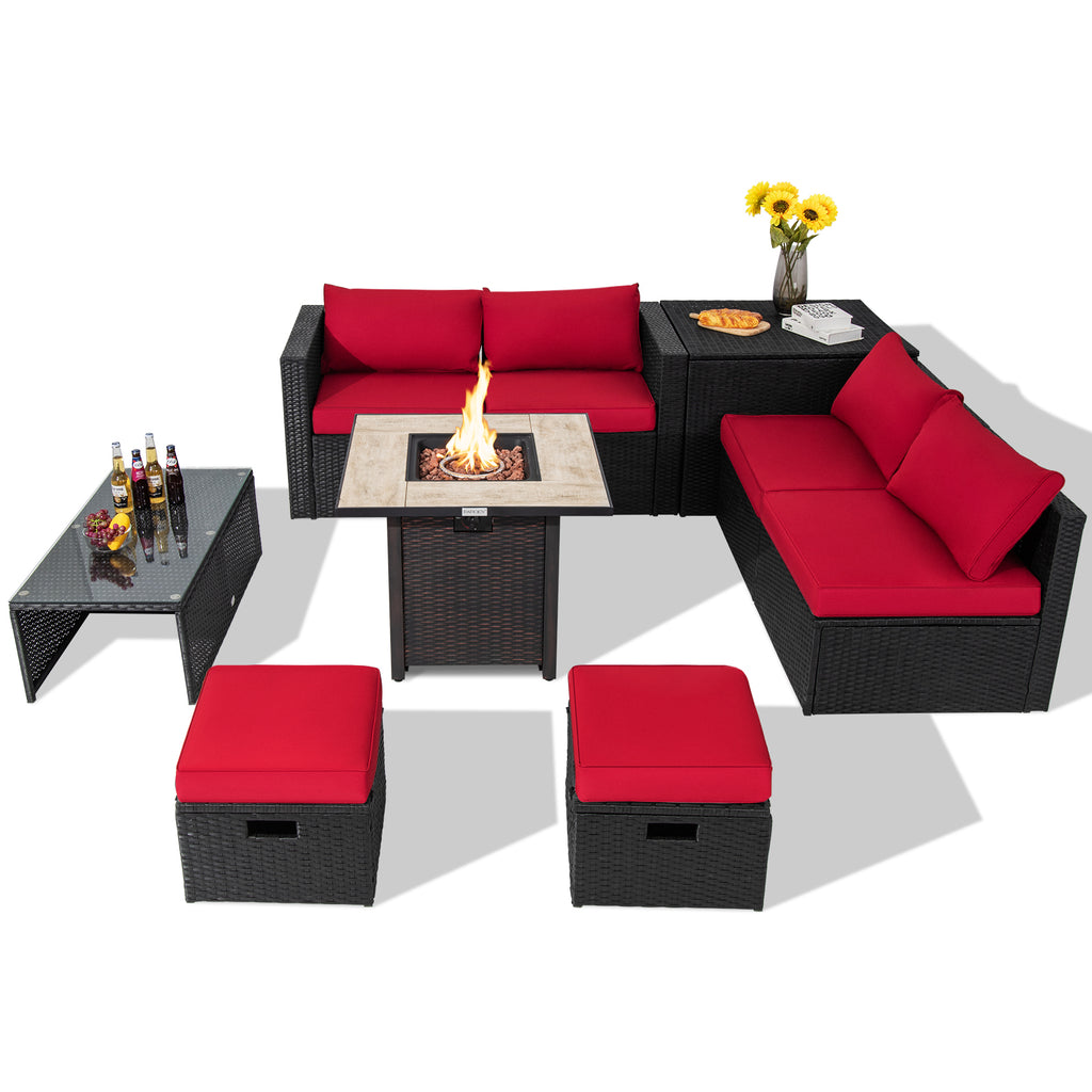 9 Pieces Outdoor PE Rattan Wicker Sectional Sofa with 42 Inch Gas