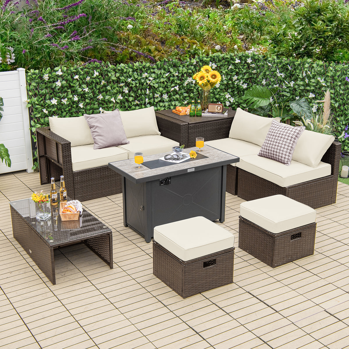 9-Piece Outdoor Patio Sectional Set with 42-Inch Fire Pit Table, Black
