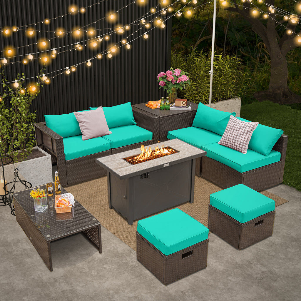 9-Piece Outdoor Patio Sectional Set with 42-Inch Fire Pit Table, Black