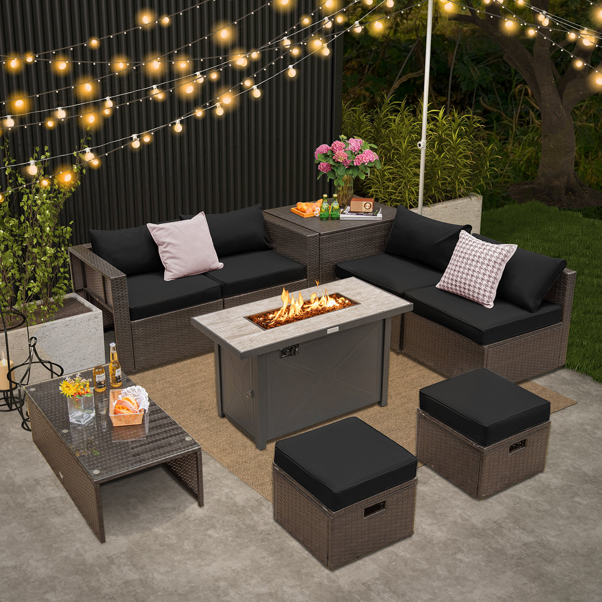 9-Piece Outdoor Patio Sectional Set with 42-Inch Fire Pit Table, Black