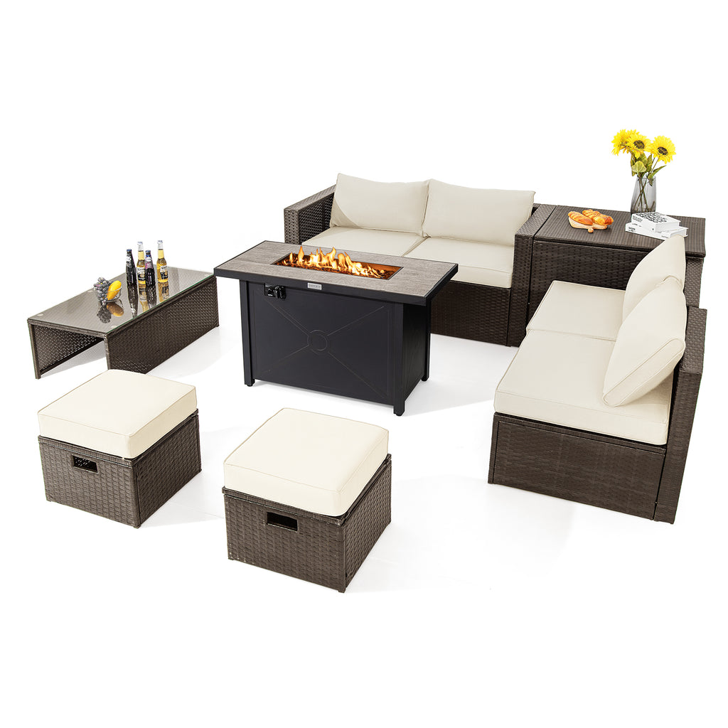 9-Piece PE Wicker Sectional with 50000 BTU Fire Pit Table, Off White