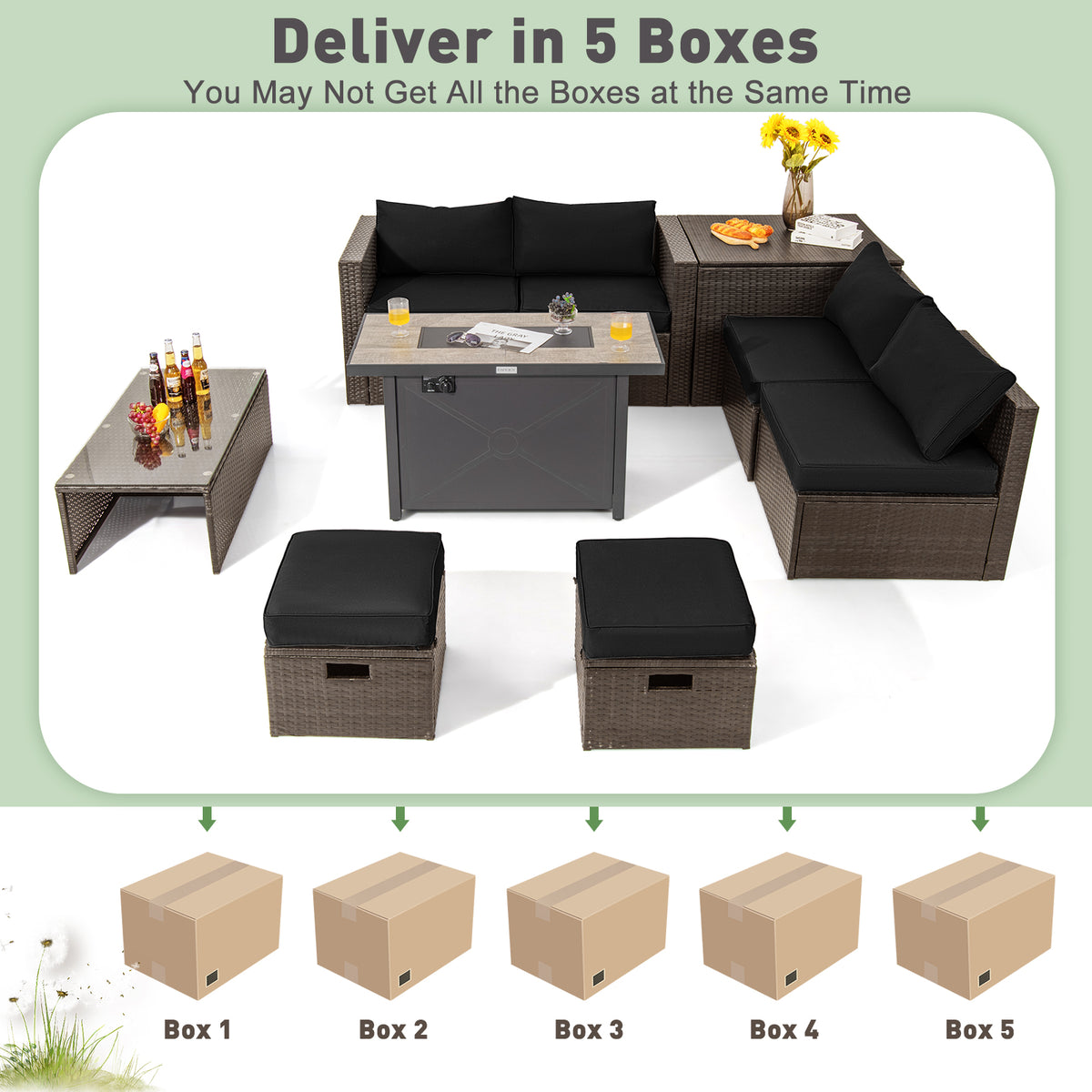 9-Piece Outdoor Patio Sectional Set with 42-Inch Fire Pit Table, Black