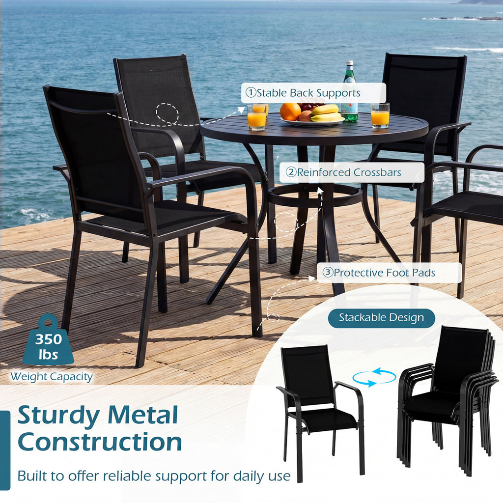 5-Piece Patio Dining Set, Square Table & Stackable Chairs, Black