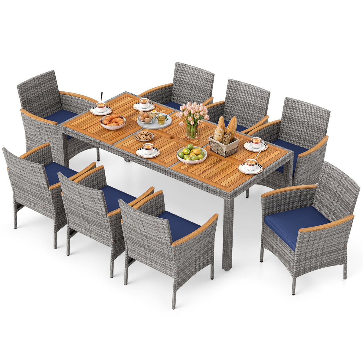 9-Piece Patio Wicker Dining Set for Deck & Garden, Style C Navy