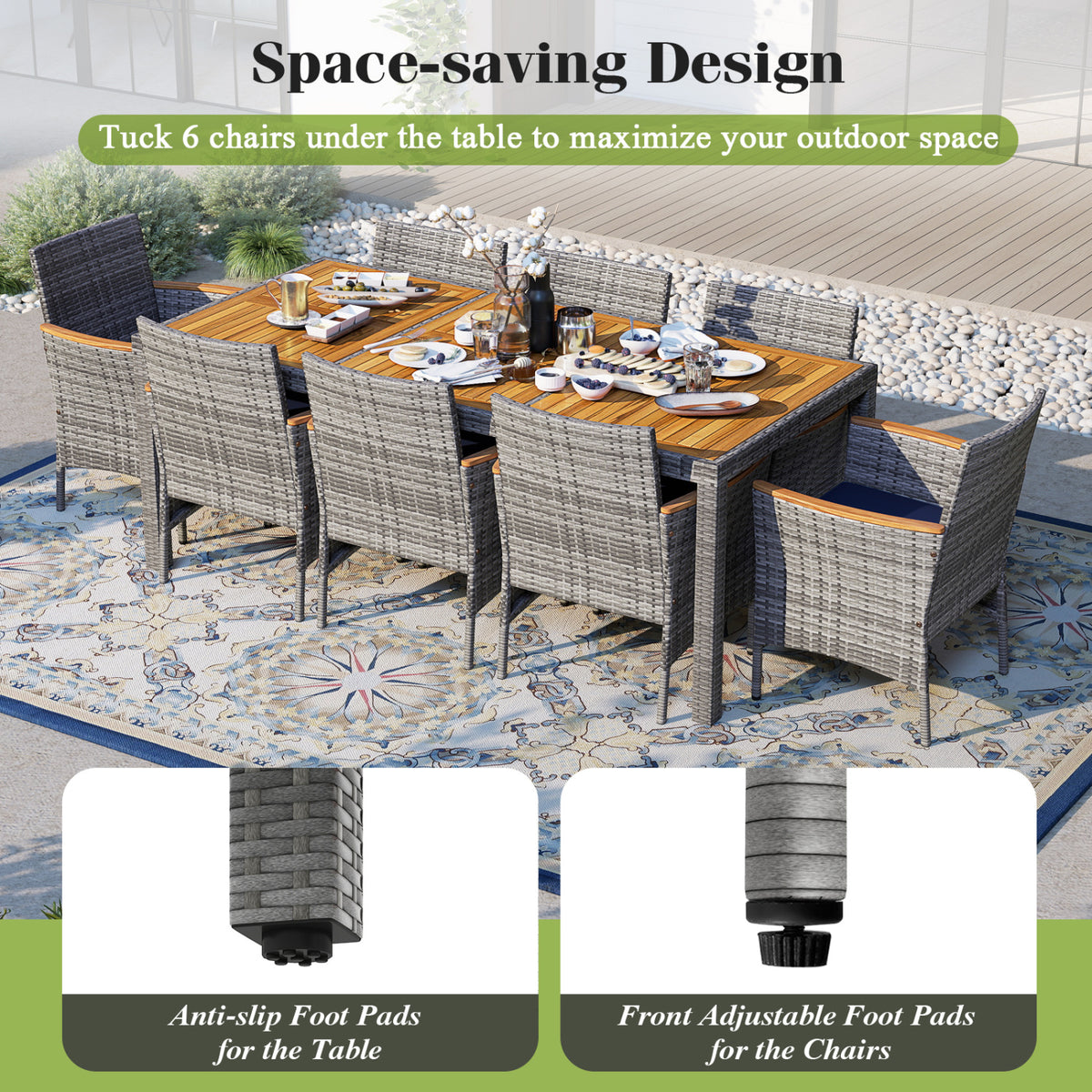9-Piece Patio Wicker Dining Set for Deck & Garden, Style C Navy