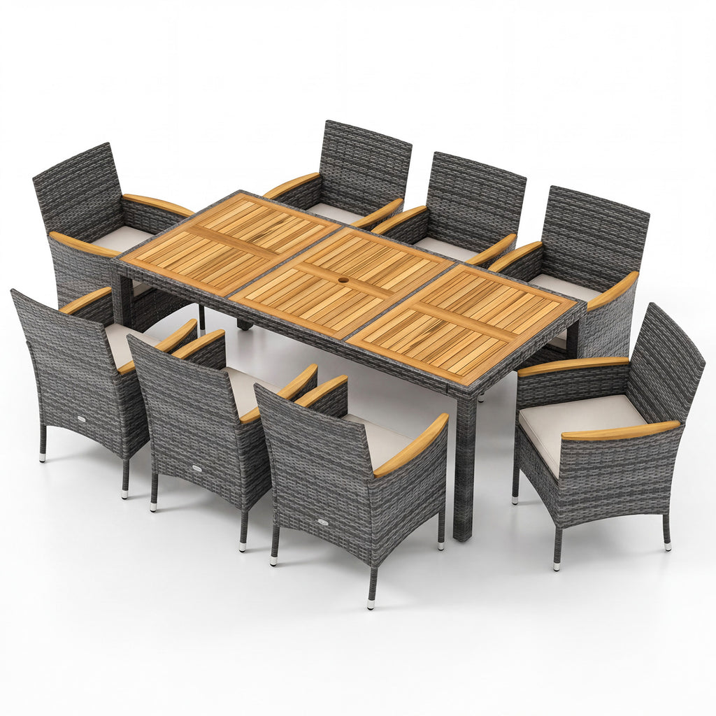 10-Piece Patio Dining Set for 8 with Umbrella - Brown
