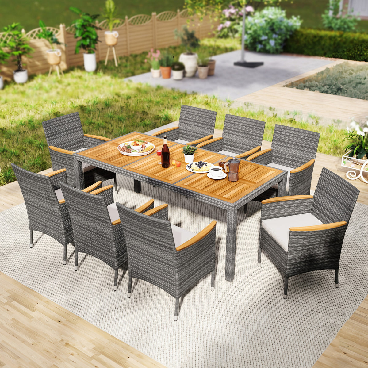9 Pieces Rattan Patio Dining Set with Acacia Wood Table and Cushioned