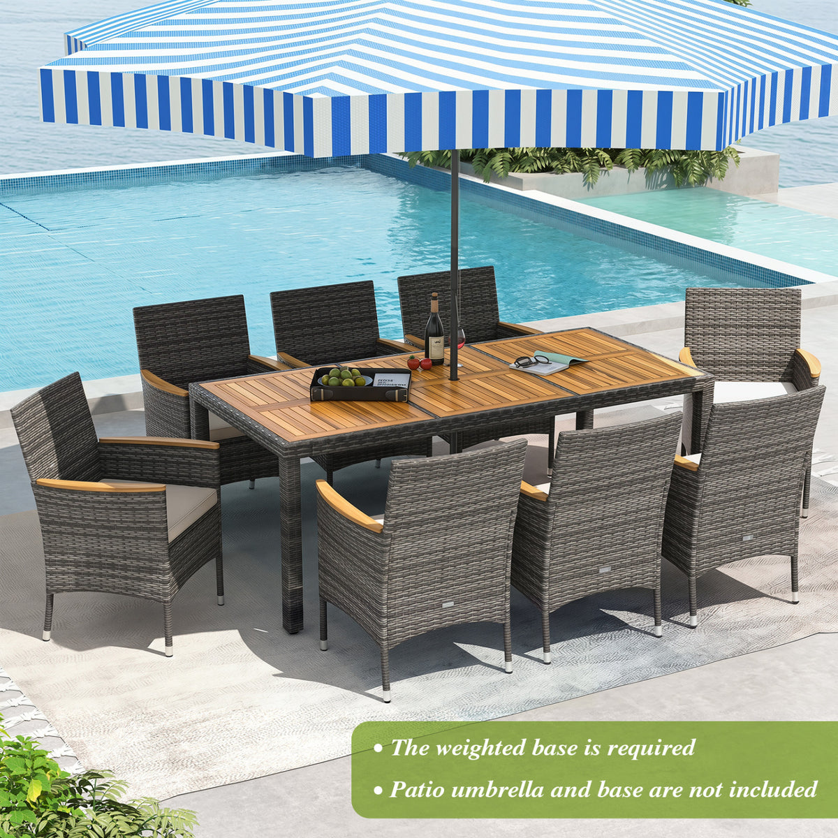 9 Pieces Rattan Patio Dining Set with Acacia Wood Table and Cushioned
