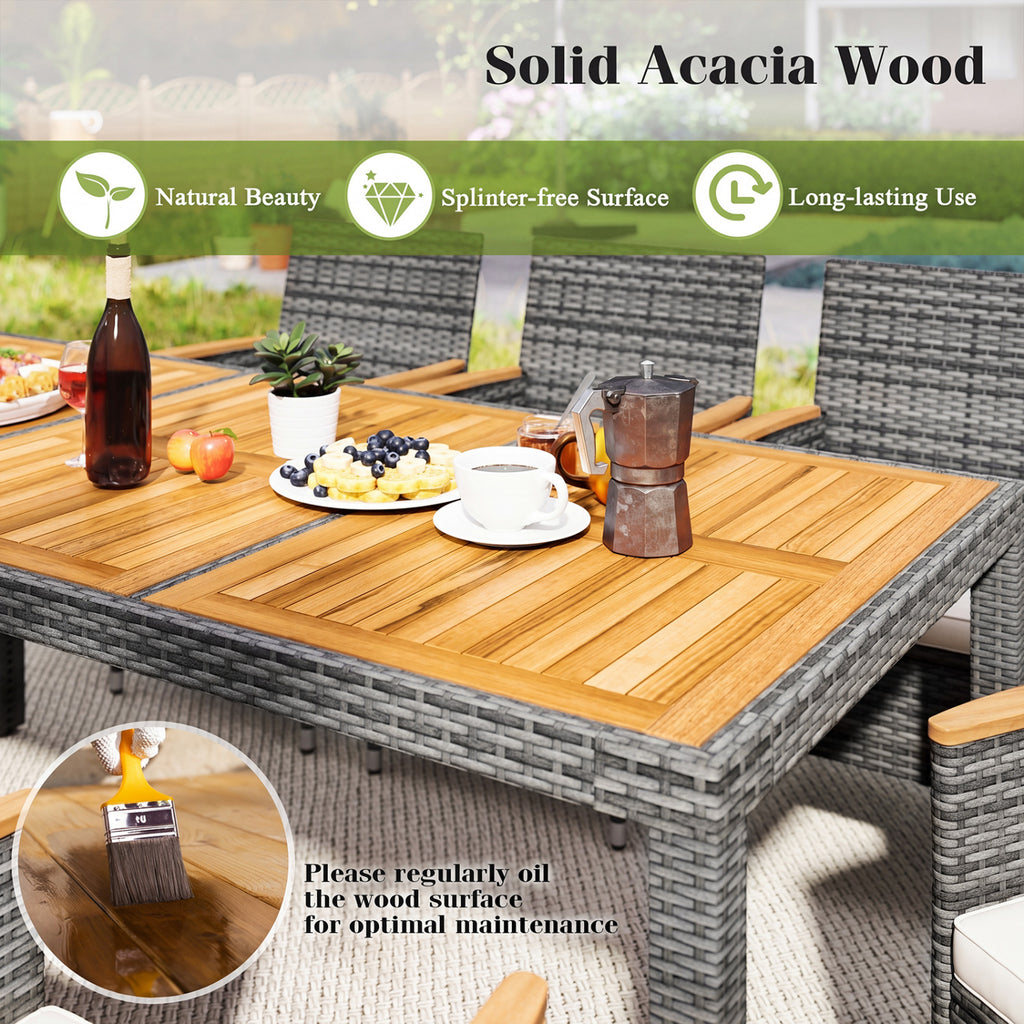 9 Pieces Rattan Patio Dining Set with Acacia Wood Table and Cushioned
