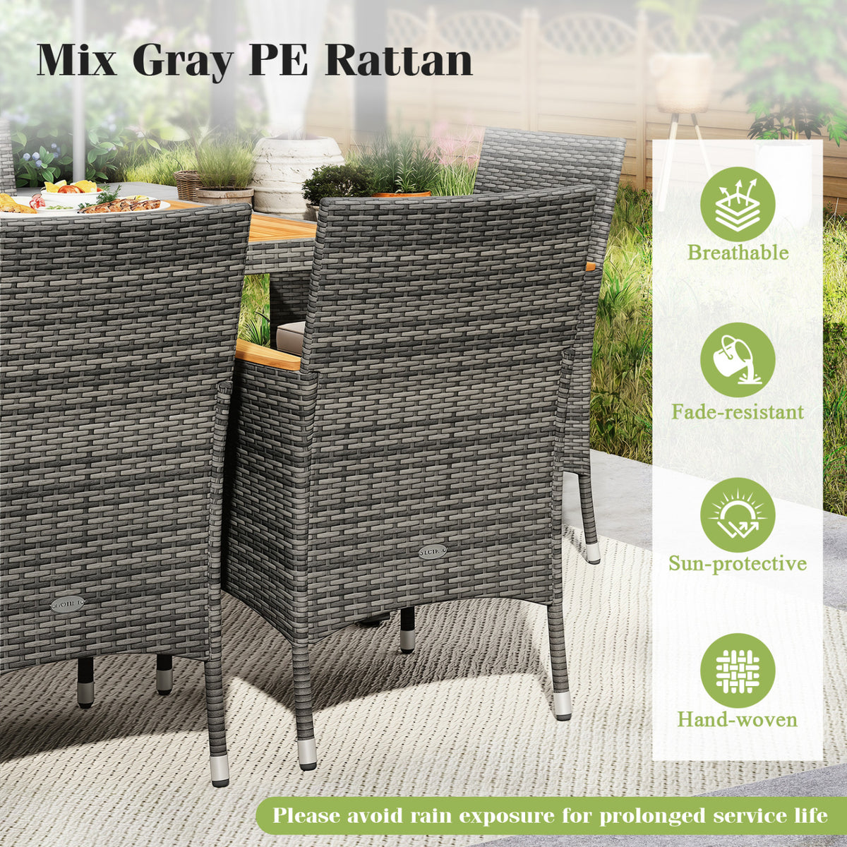 9 Pieces Rattan Patio Dining Set with Acacia Wood Table and Cushioned