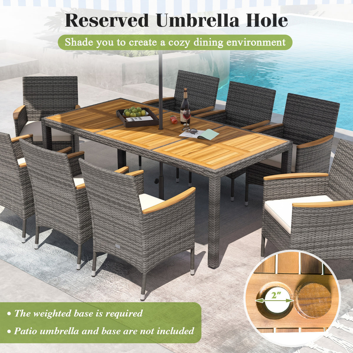 9 Pieces Rattan Patio Dining Set with Acacia Wood Table and Cushioned