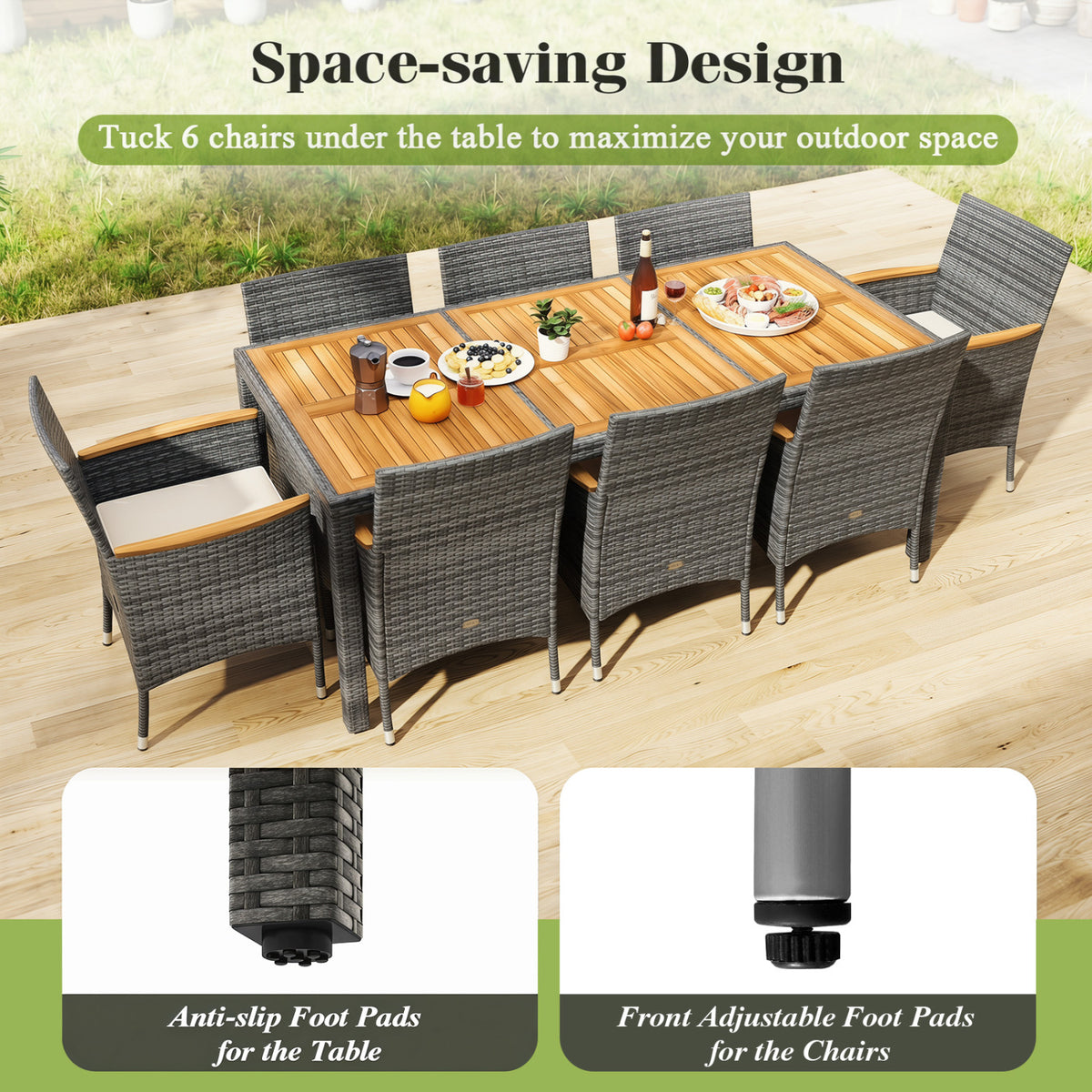9 Pieces Rattan Patio Dining Set with Acacia Wood Table and Cushioned