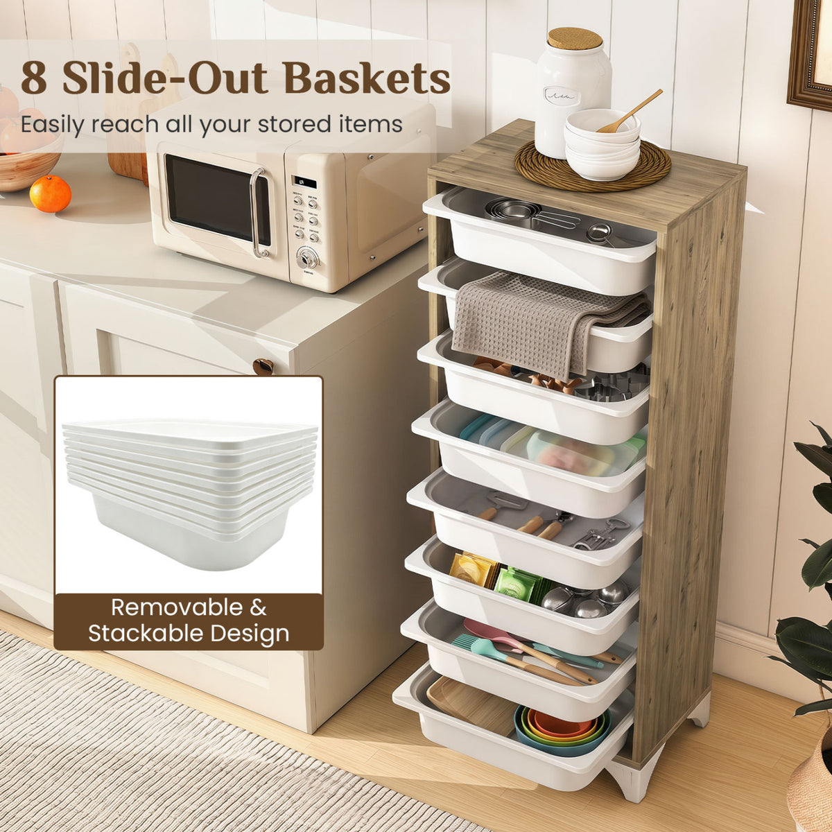 8-Drawer Wooden Pantry Organizer Cabinet - Freestanding Storage Rack