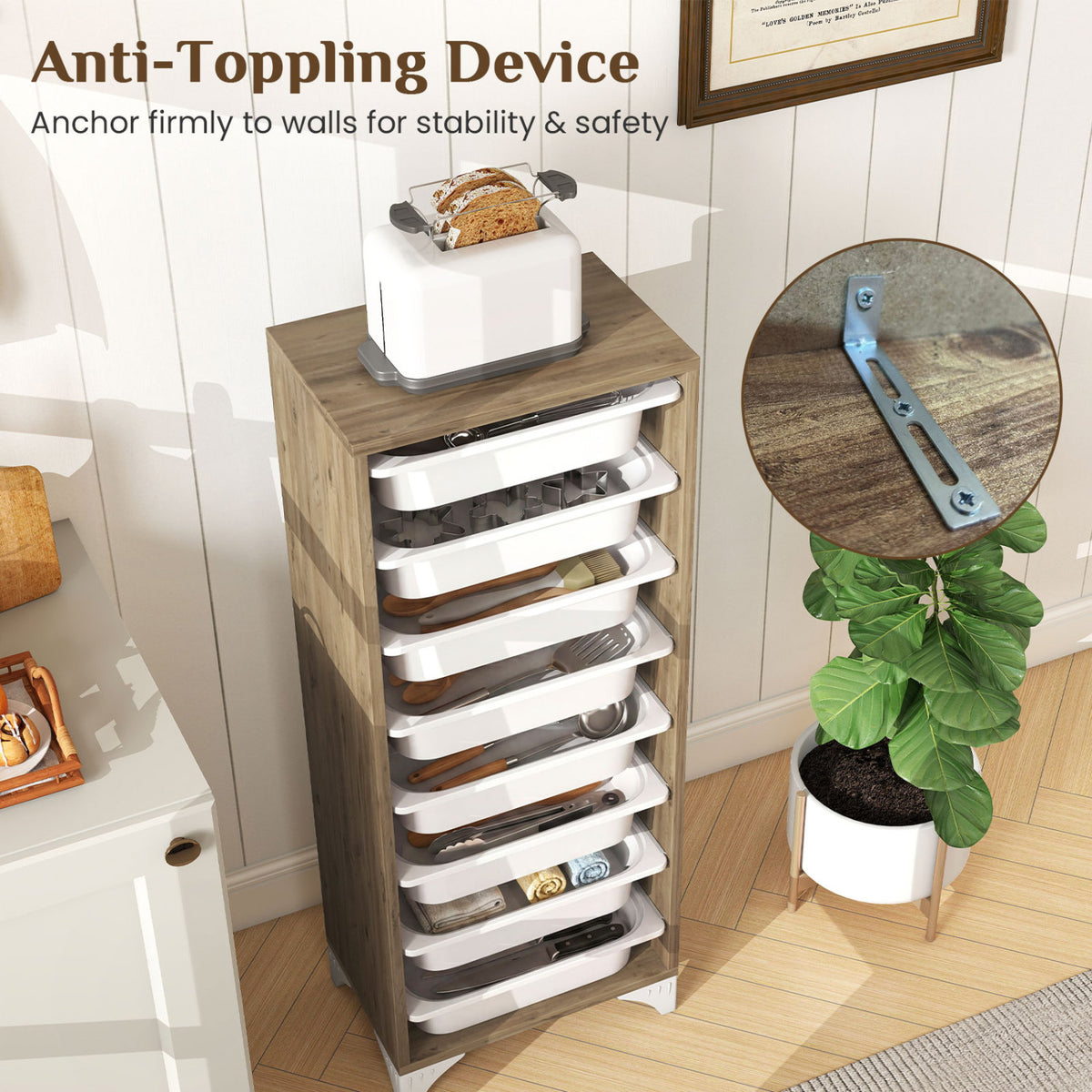 8-Drawer Wooden Pantry Organizer Cabinet - Freestanding Storage Rack
