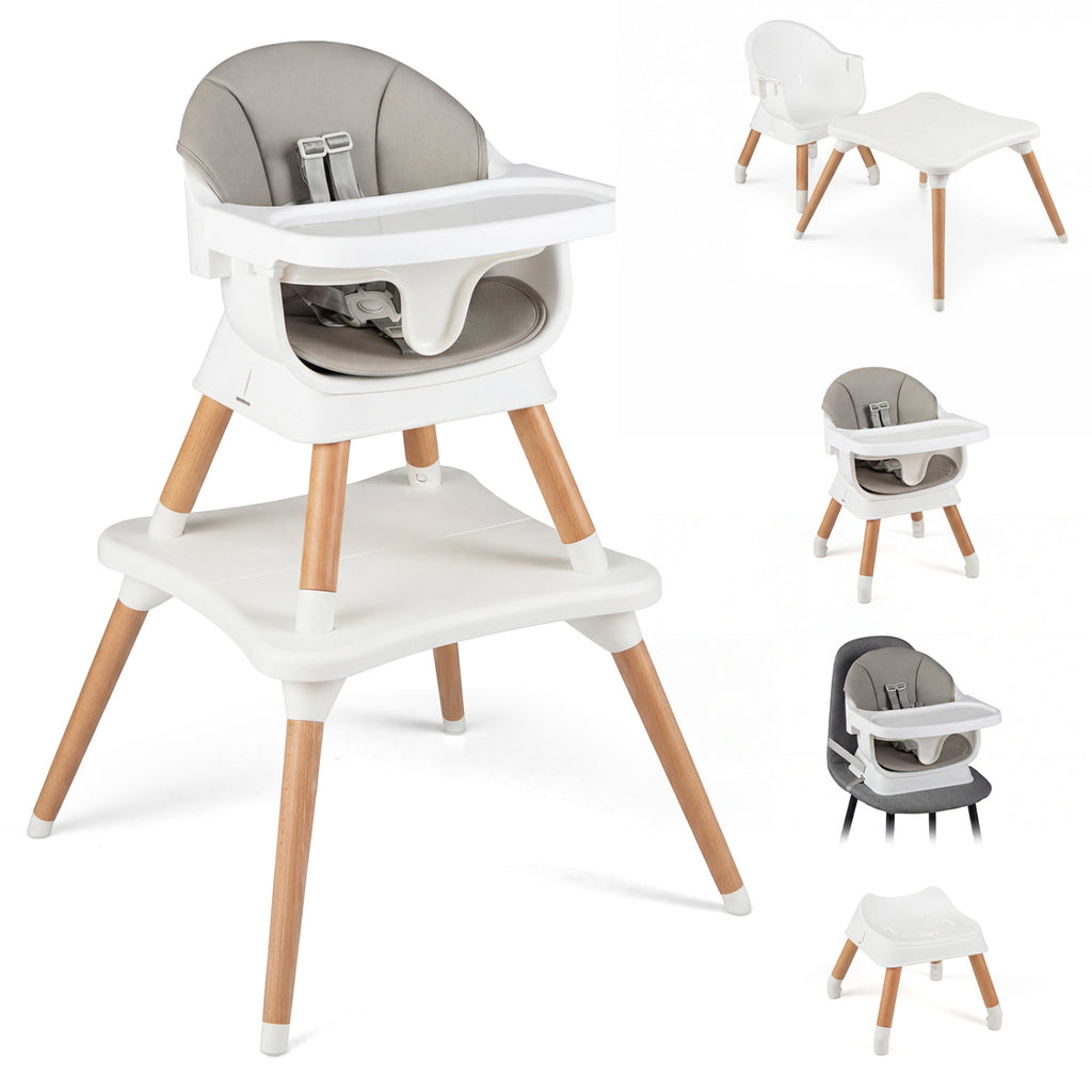 White 9-in-1 Convertible Baby High Chair with Solid Wood Legs & Removable Tray