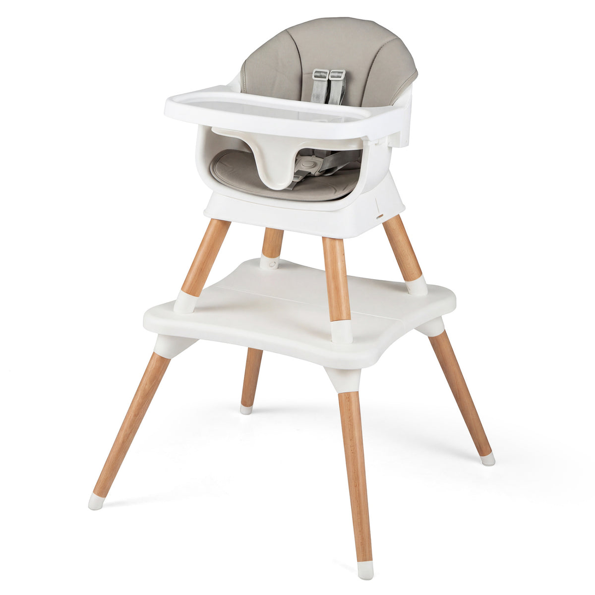 White 9-in-1 Convertible Baby High Chair with Solid Wood Legs & Removable Tray