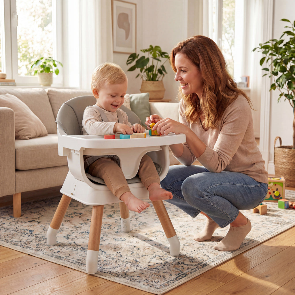 White 9-in-1 Convertible Baby High Chair with Solid Wood Legs & Removable Tray