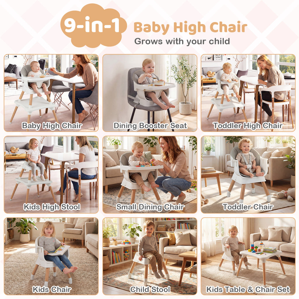 White 9-in-1 Convertible Baby High Chair with Solid Wood Legs & Removable Tray
