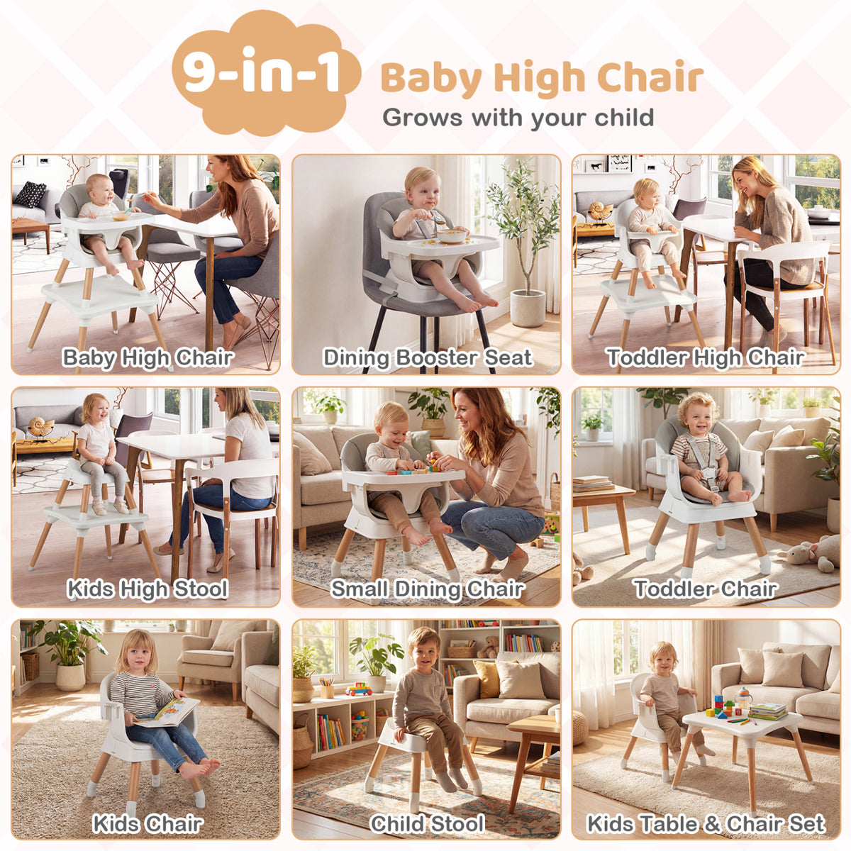 White 9-in-1 Convertible Baby High Chair with Solid Wood Legs & Removable Tray