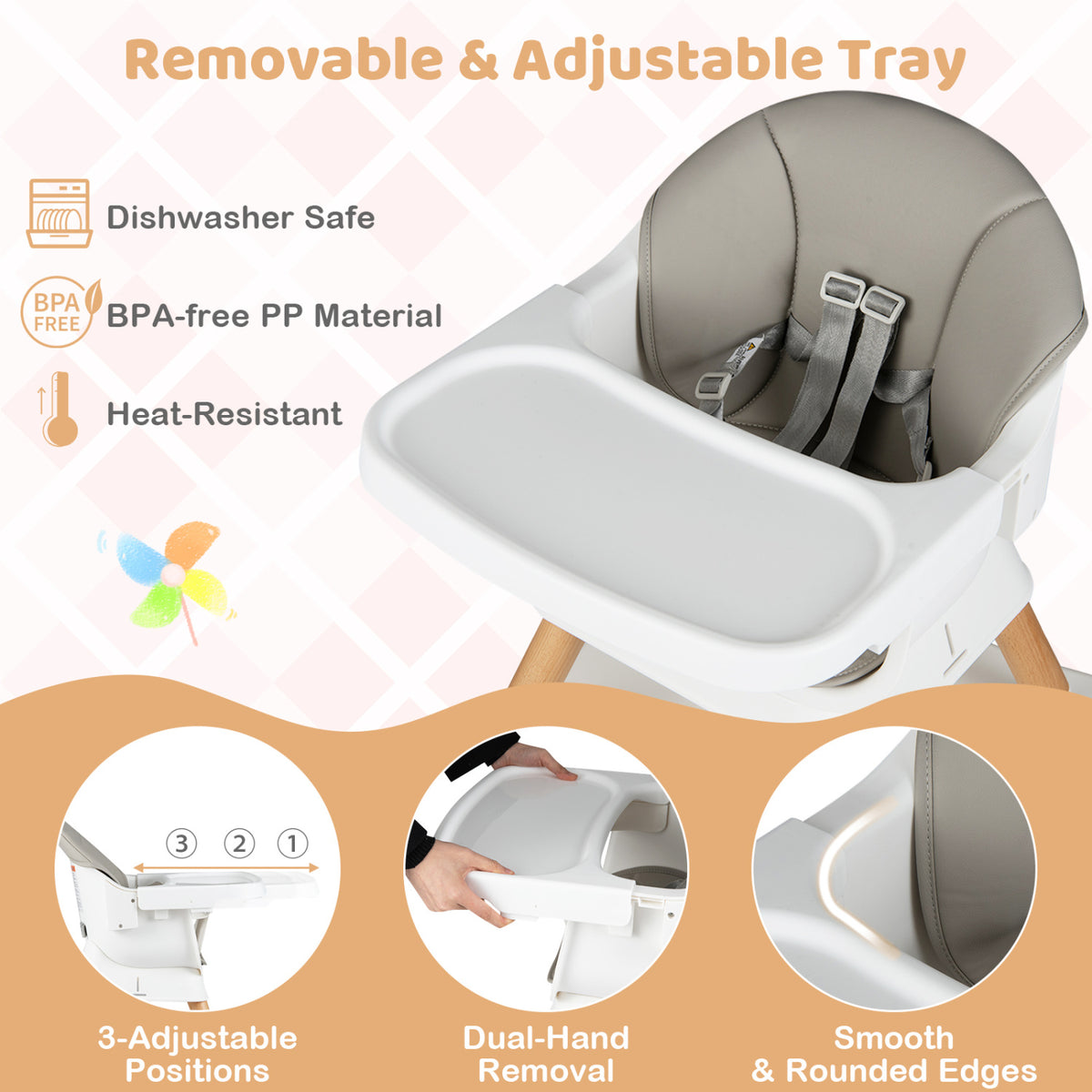 White 9-in-1 Convertible Baby High Chair with Solid Wood Legs & Removable Tray