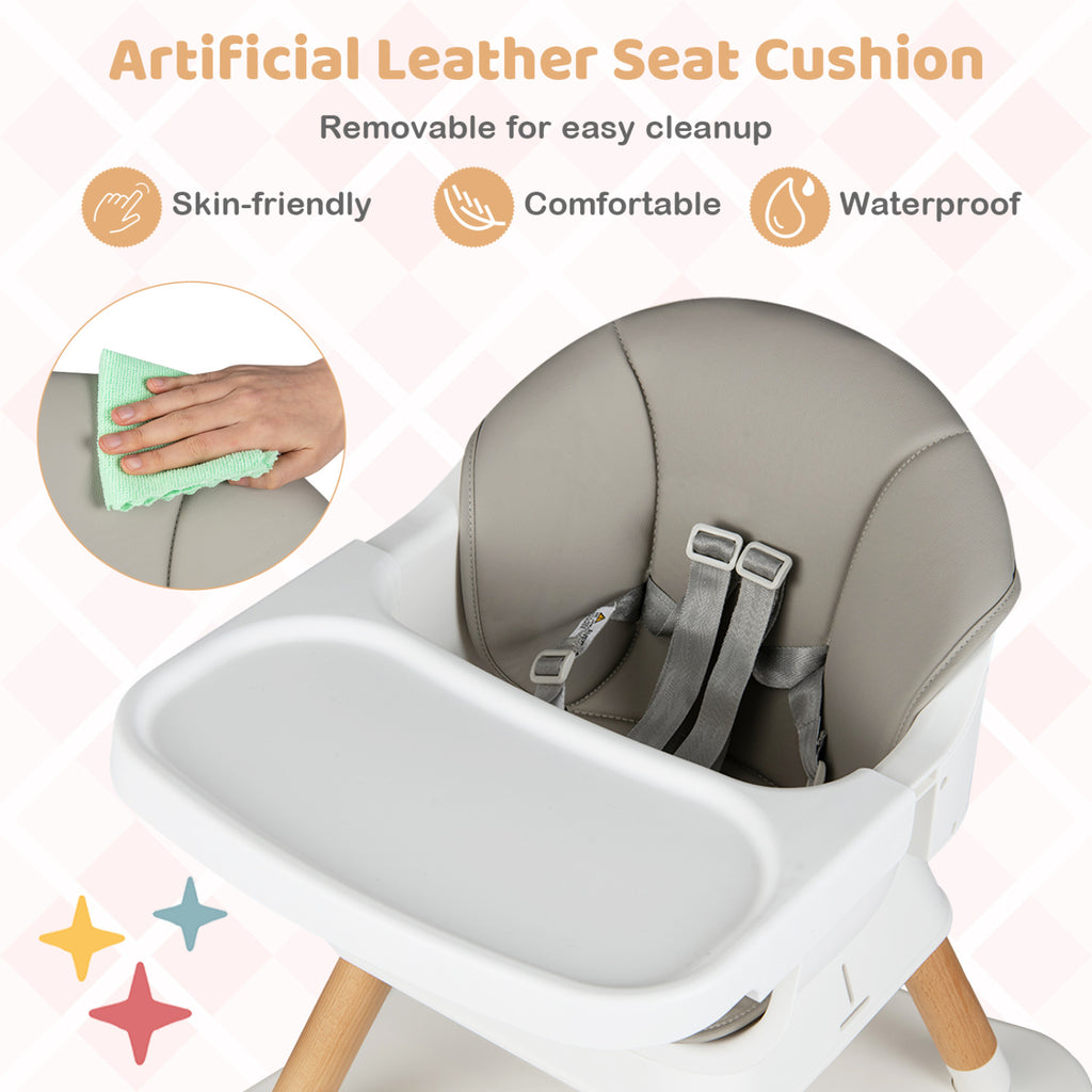 White 9-in-1 Convertible Baby High Chair with Solid Wood Legs & Removable Tray