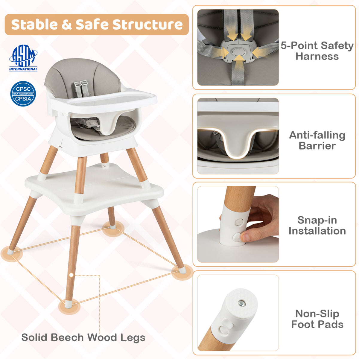 White 9-in-1 Convertible Baby High Chair with Solid Wood Legs & Removable Tray