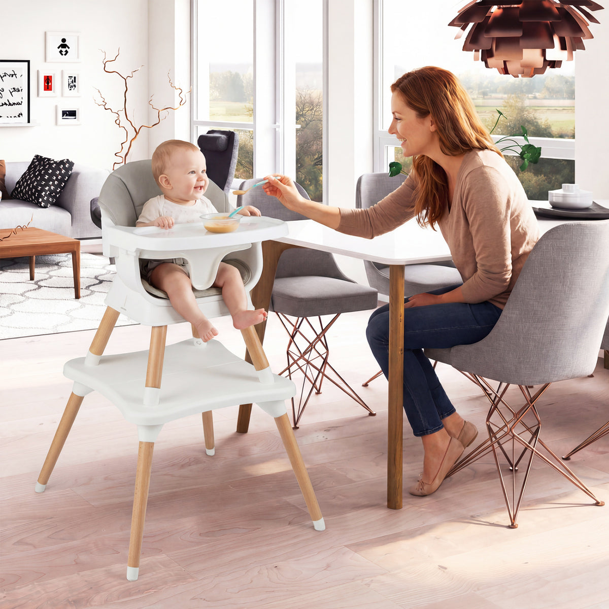 White 9-in-1 Convertible Baby High Chair with Solid Wood Legs & Removable Tray