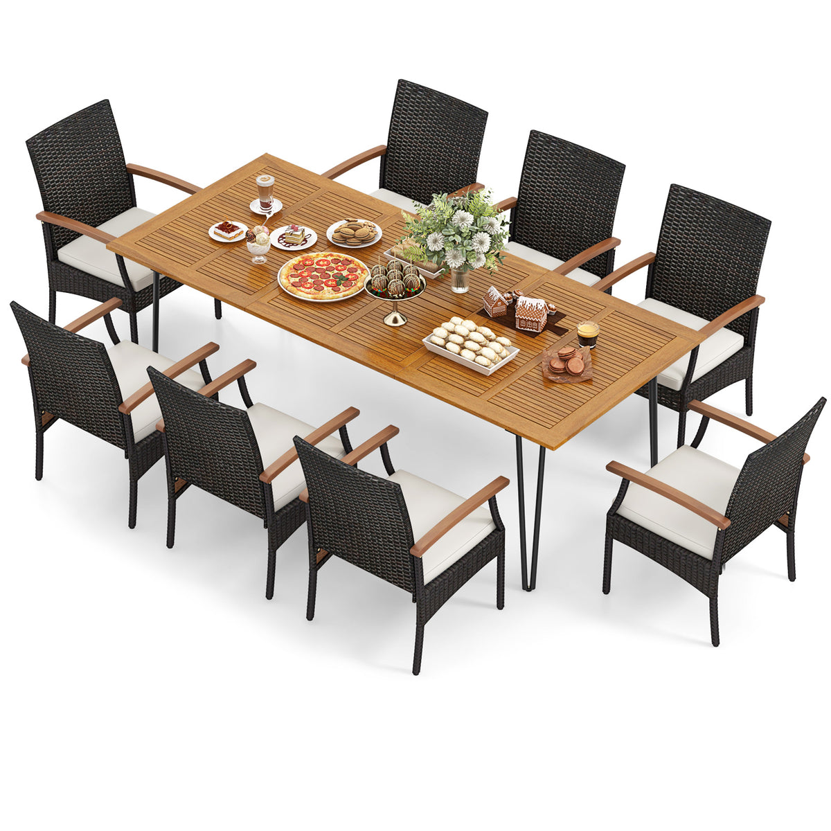9 Pieces Outdoor Patio Dining Set with Acacia Wood Square Table and