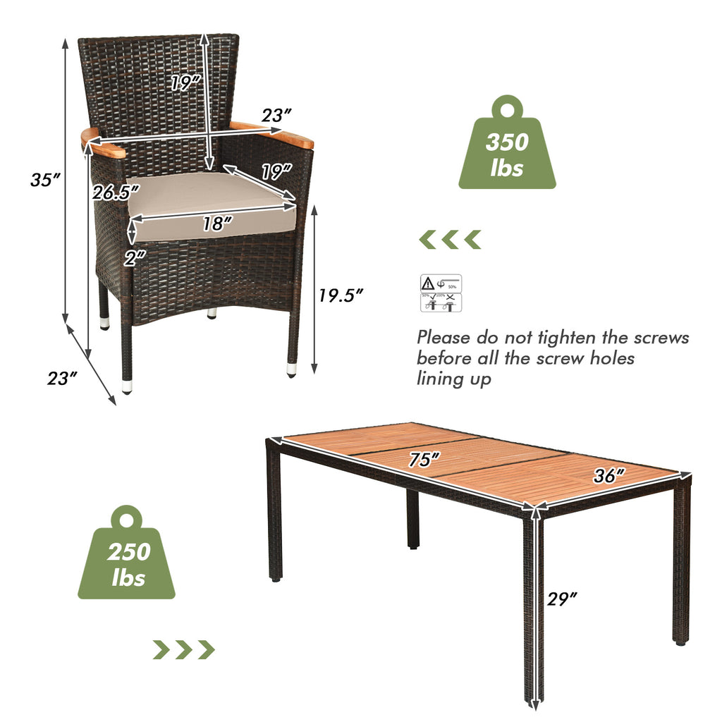 9 Pieces Rattan Dining Set with Acacia Wood Table and Stackable