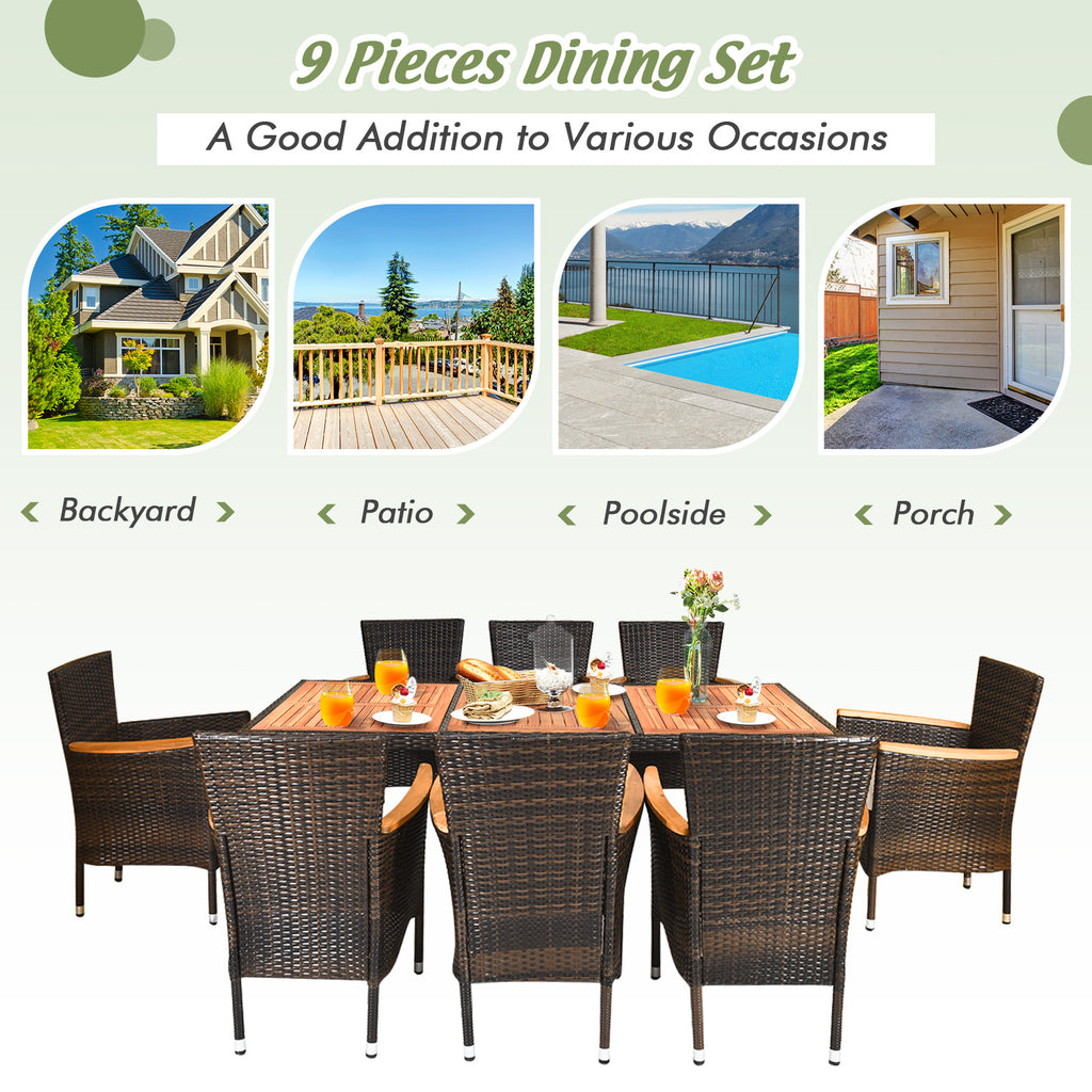 9 Pieces Rattan Dining Set with Acacia Wood Table and Stackable