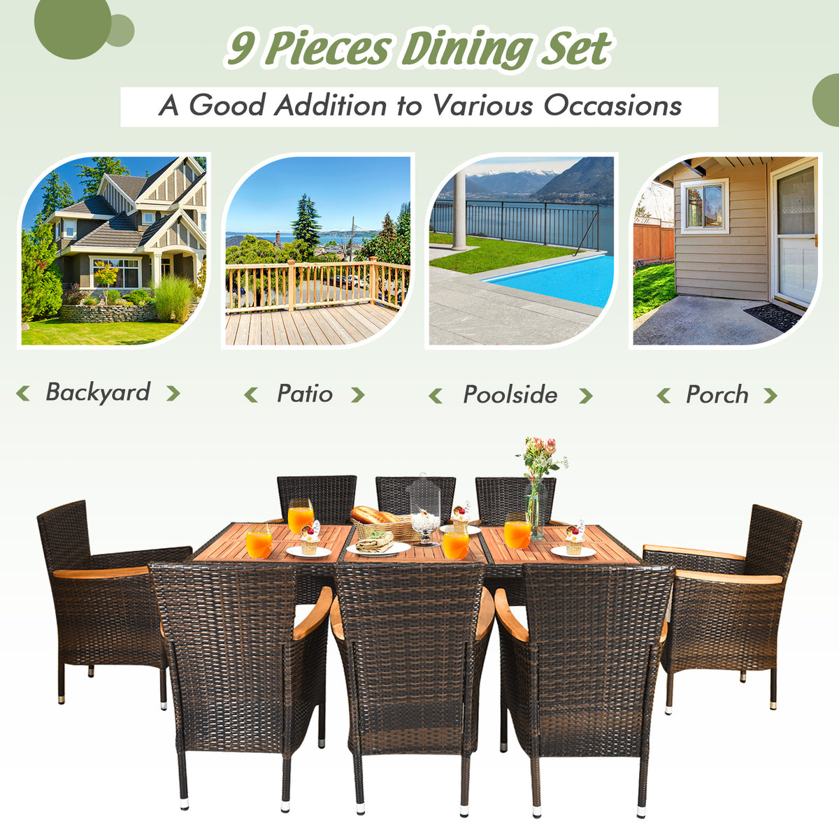9 Pieces Rattan Dining Set with Acacia Wood Table and Stackable