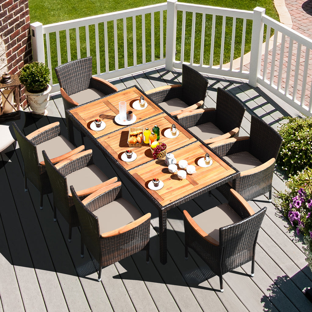 9 Pieces Rattan Dining Set with Acacia Wood Table and Stackable