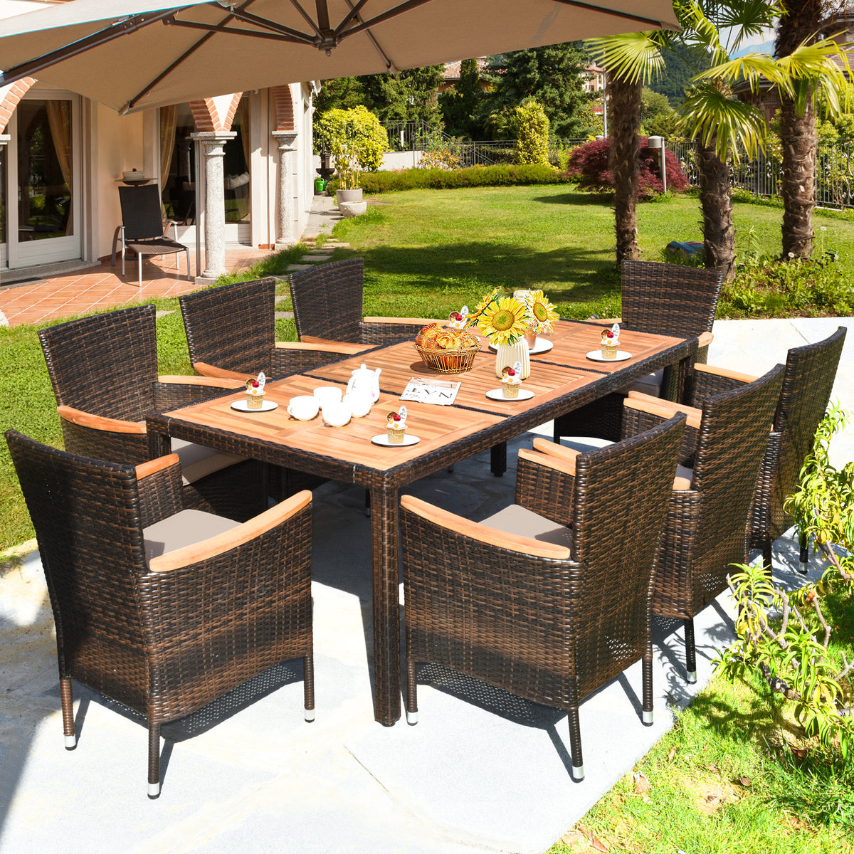 9 Pieces Rattan Dining Set with Acacia Wood Table and Stackable