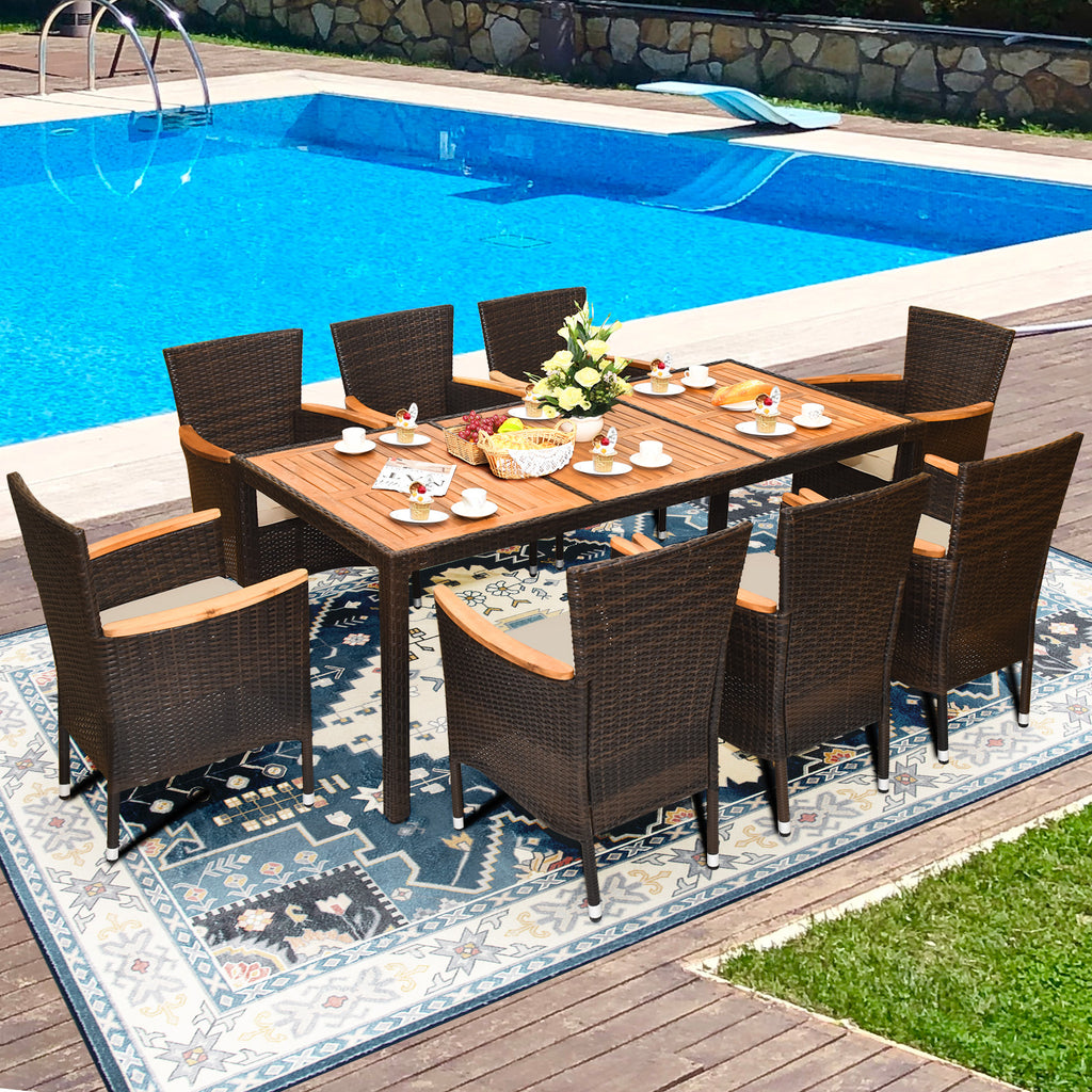 9 Pieces Rattan Dining Set with Acacia Wood Table and Stackable