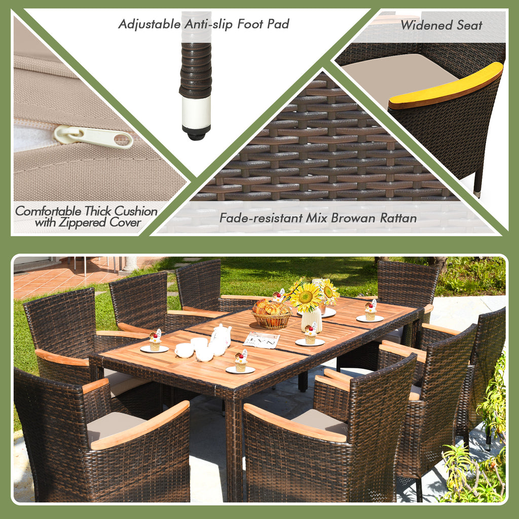9 Pieces Rattan Dining Set with Acacia Wood Table and Stackable