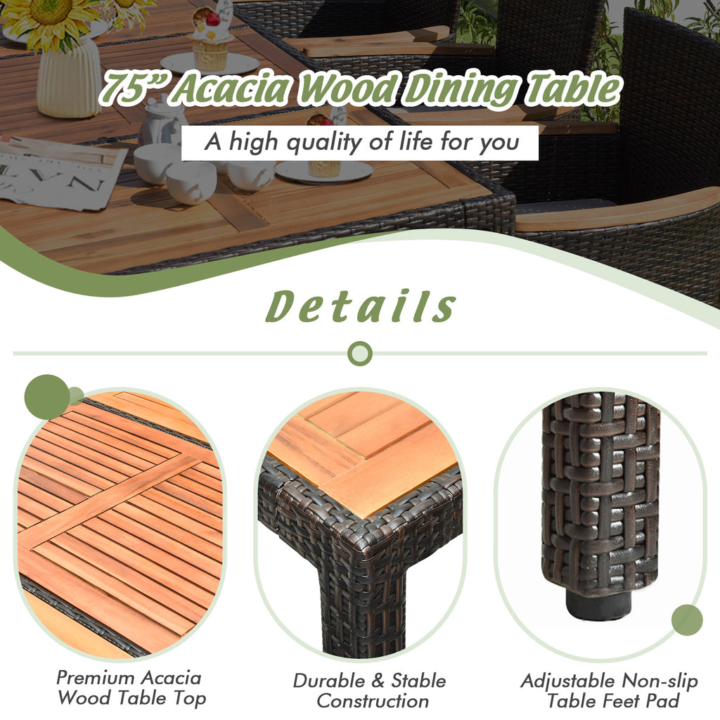 9 Pieces Rattan Dining Set with Acacia Wood Table and Stackable