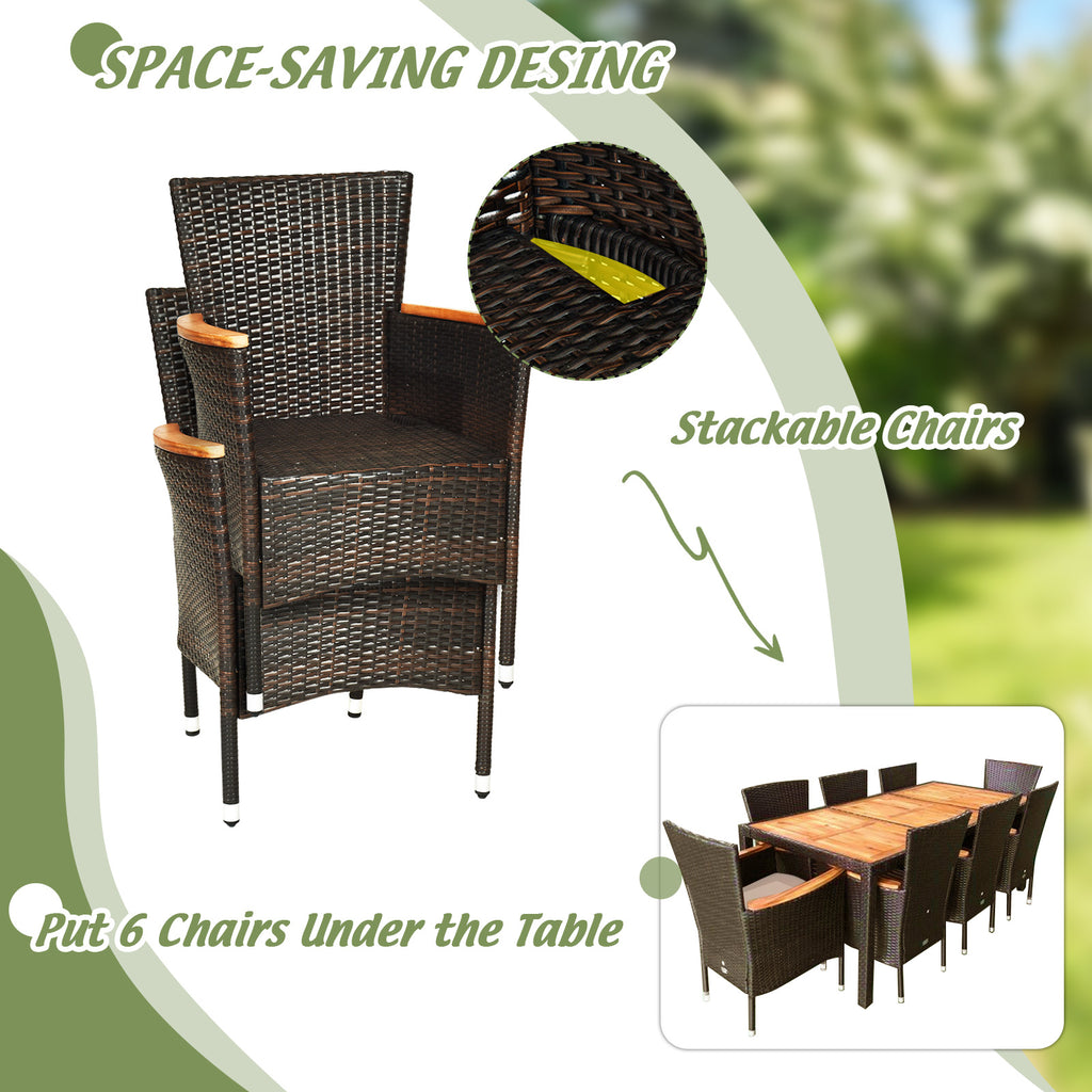9 Pieces Rattan Dining Set with Acacia Wood Table and Stackable