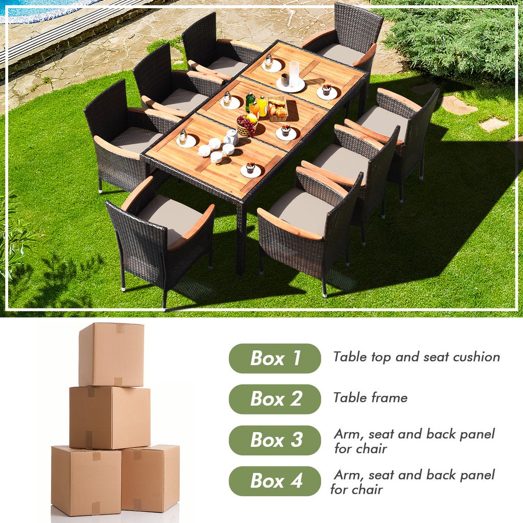9 Pieces Rattan Dining Set with Acacia Wood Table and Stackable
