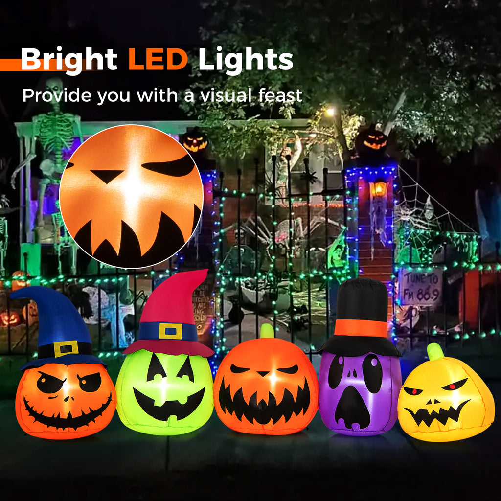 Inflatable Pumpkin Patch Family with LED Lights and Witch Hats - 5 Pumpkins Variation