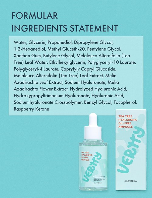 Vertty Tea Tree Hyaluronic Oil Free Ampoule | Hydrating, Moisturizing, Redness Relief Serum | Blemish Skin Corrector Serum | Non-Comedogenic Moisturizer for face | Long-lasting Hydration (1.5oz)