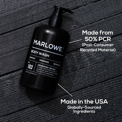 MARLOWE. No. 103 Body Wash 15 oz Pump, Cedarwood + Sea Salt, Energizing & Refreshing Shower Gel, Willow Bark & Green Tea Extracts, Cleanses, Moisturizes, Smooths & Nourishes, Fresh & Zesty Scent