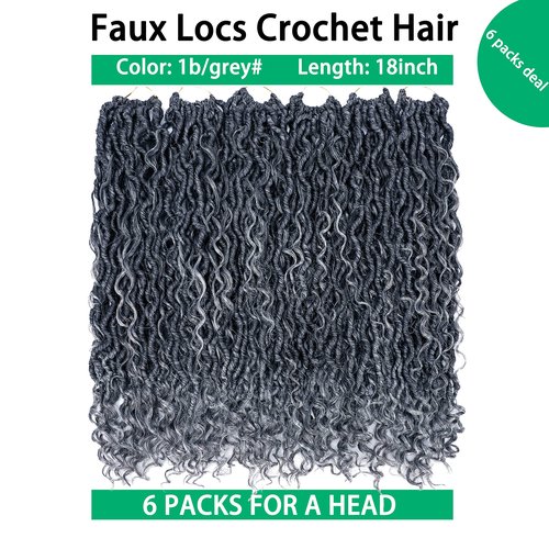 Faux Locs Crochet Hair 18 Inch Goddess Locs Ombre Grey Crochet Hair for Women 6 Packs Soft River Gray Pre Looped Braids with Curly Ends Boho Hippie Synthetic Hair Extensions, 1b/grey