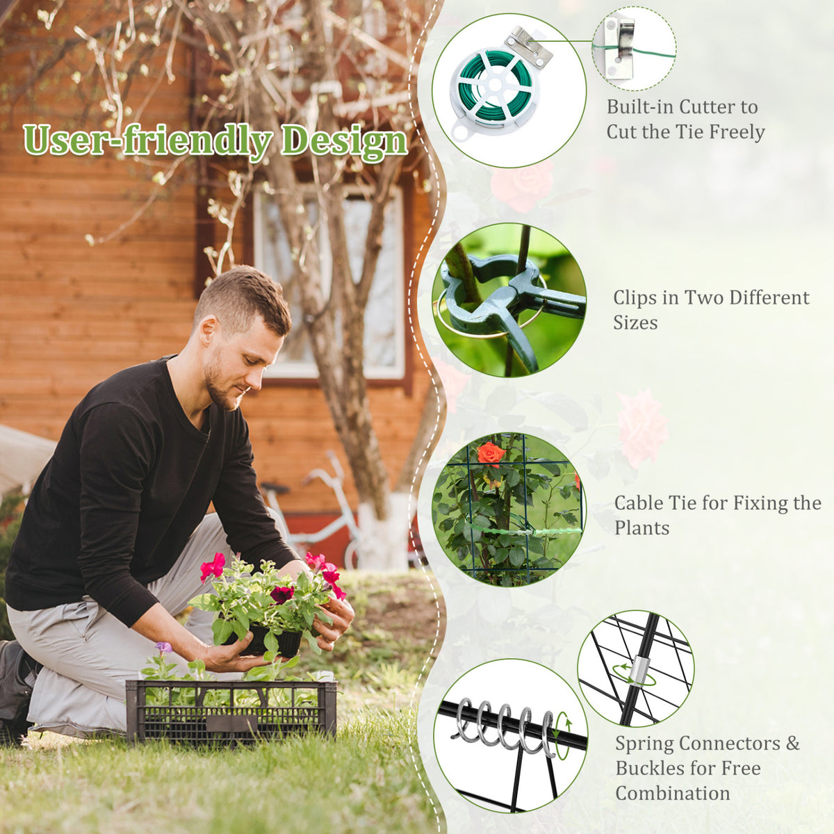 A-Frame Garden Trellis for Climbing Plant with Ground Stake and Cable