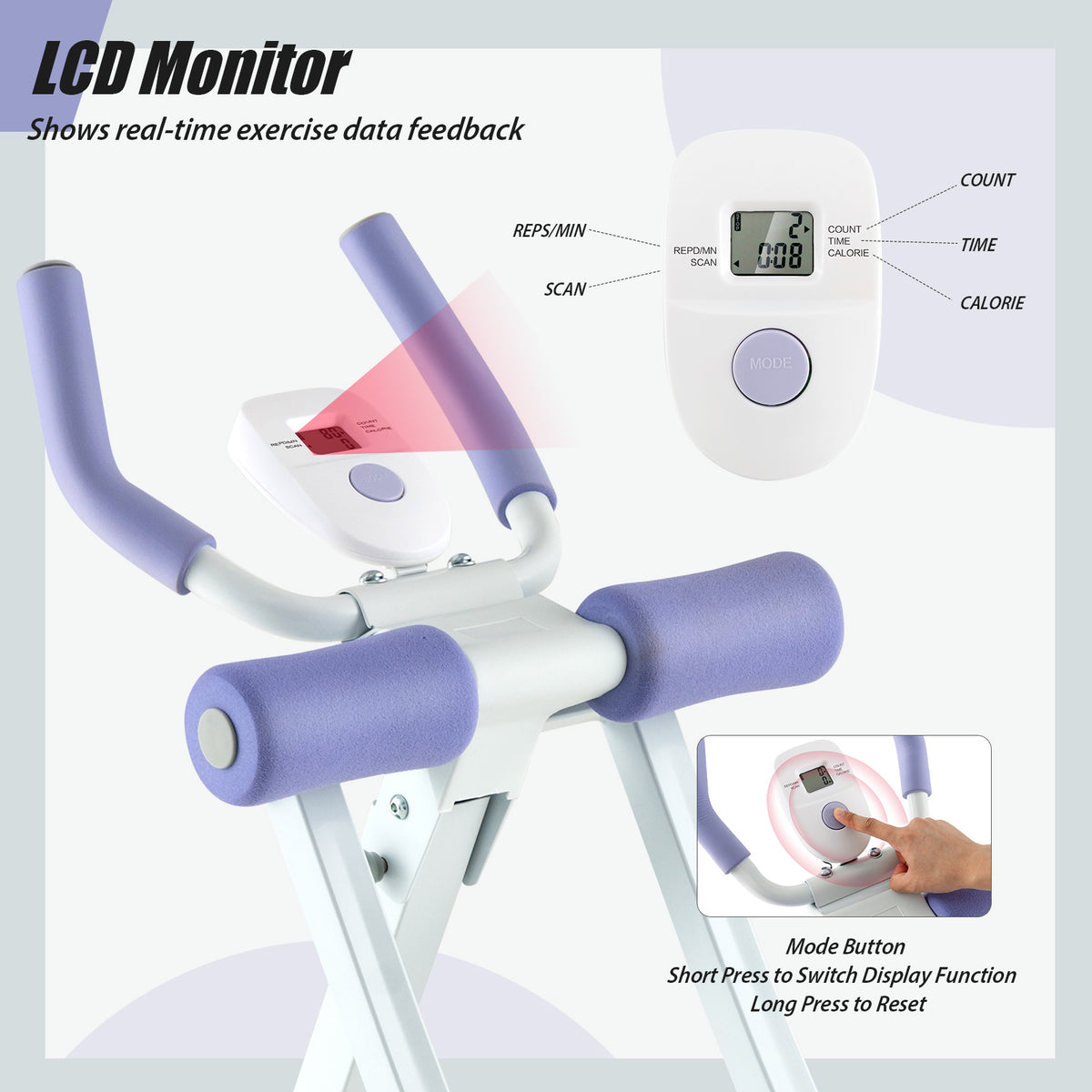 Ab Machine with LCD Monitor & 4 Adjustable Heights - 330 lbs Weights, Purple Variation