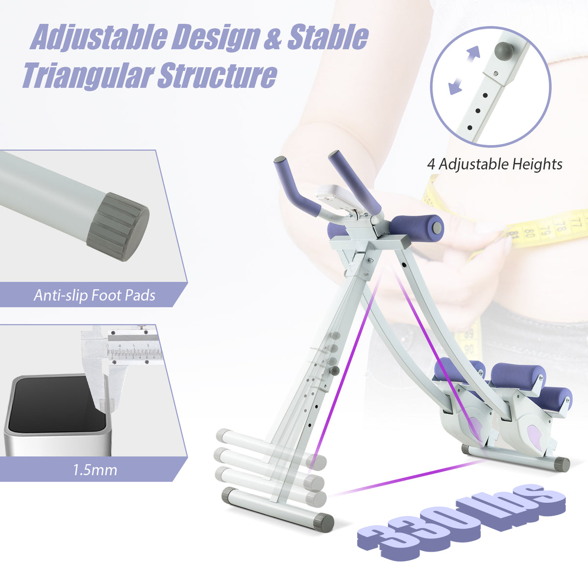 Ab Machine with LCD Monitor & 4 Adjustable Heights - 330 lbs Weights, Purple Variation