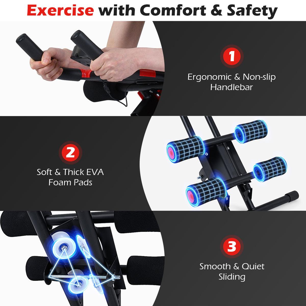 Foldable Ab Workout Equipment with LCD Monitor - Adjustable Abdominal Trainer Black