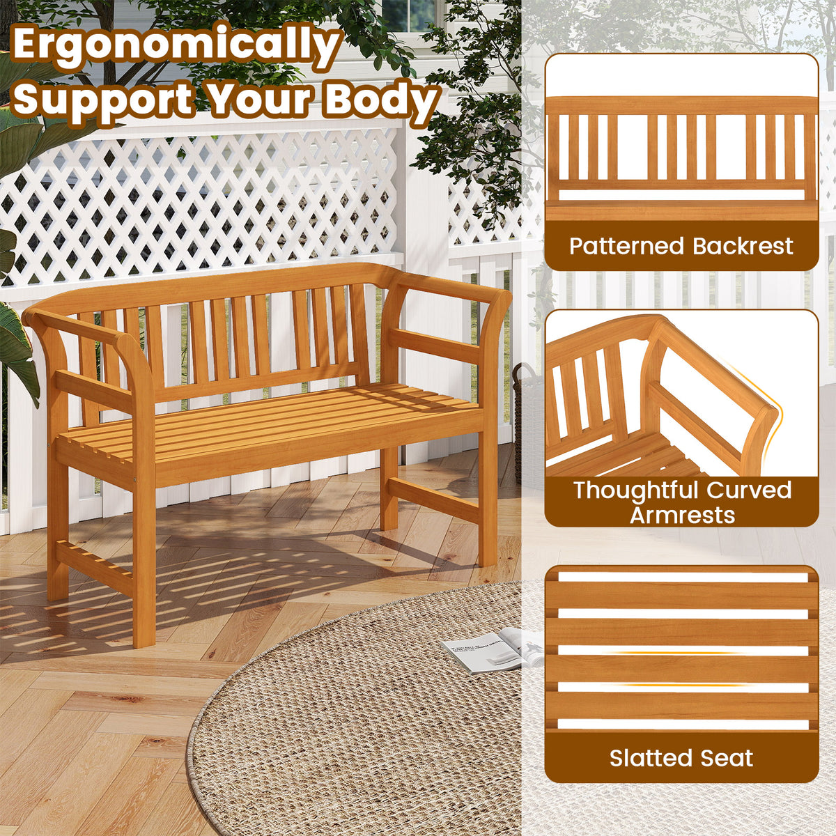 Acacia Wood 2-Person Patio Loveseat with Backrest and Armrests - 40 Inch
