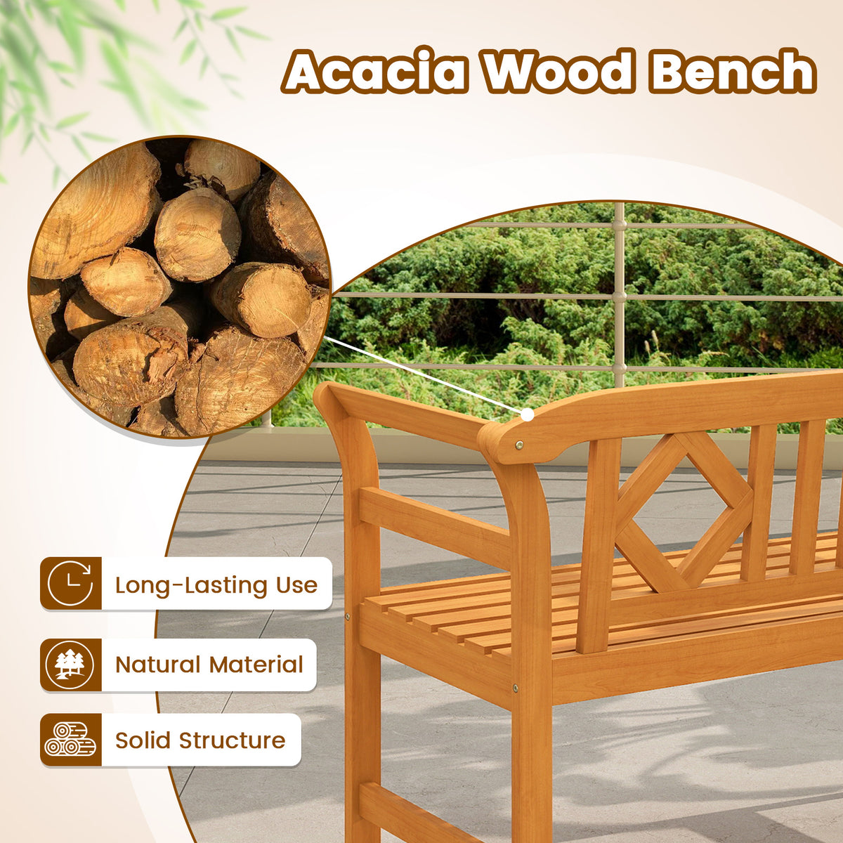 Acacia Wood 2-Person Patio Loveseat with Armrests - 40 Inch