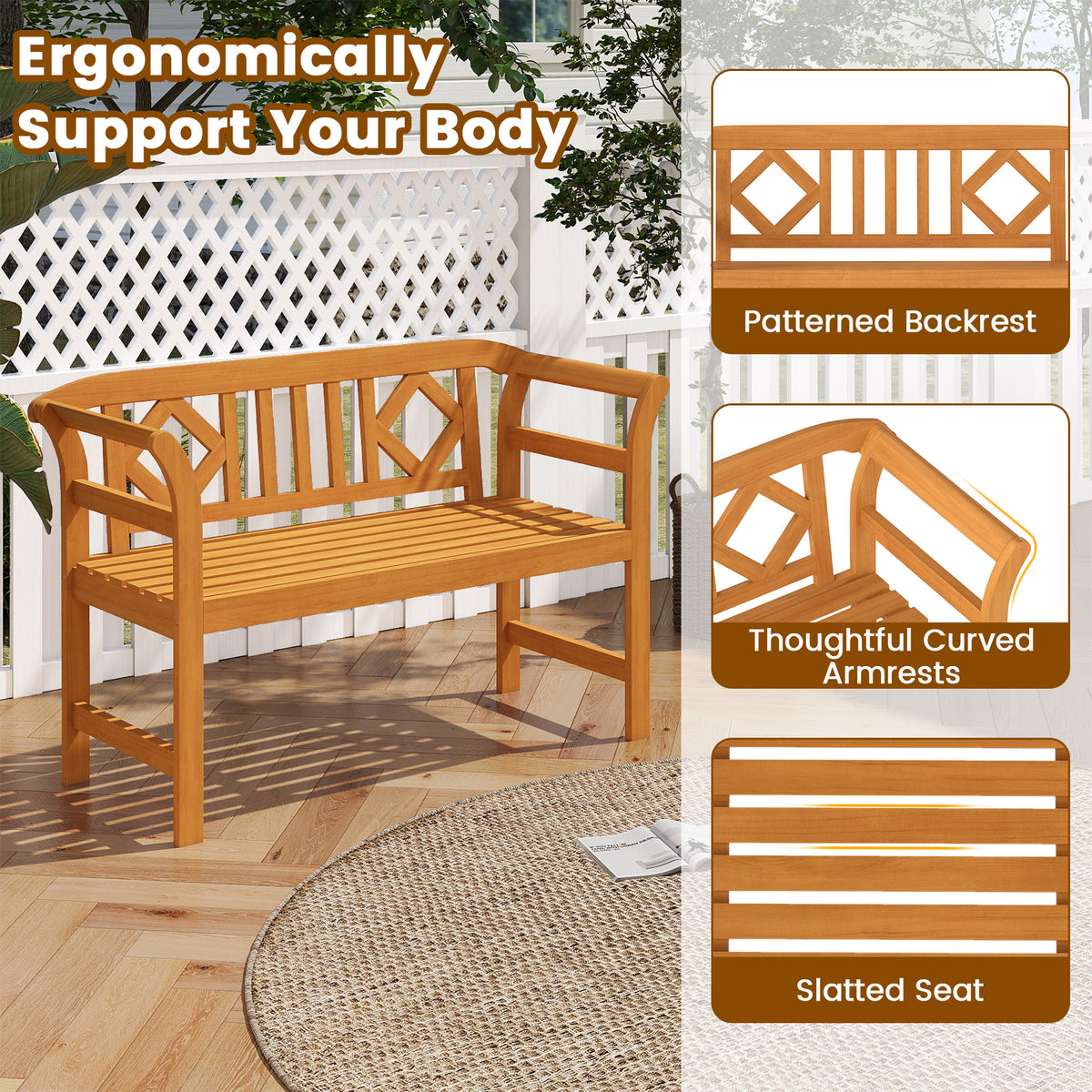Acacia Wood 2-Person Patio Loveseat with Armrests - 40 Inch